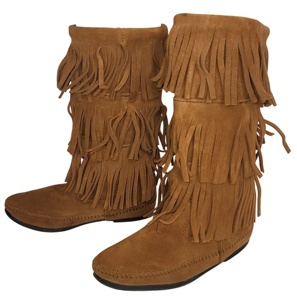 Women's Minnetonka 3-Layer Moccasin Fringe Suede Boot Sz 7 Western Festival Boho - Picture 4 of 8